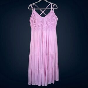 Jessica Simpson Dress Womens 1X Pink Lace Crochet Tiered Maxi Sleeveless Boho